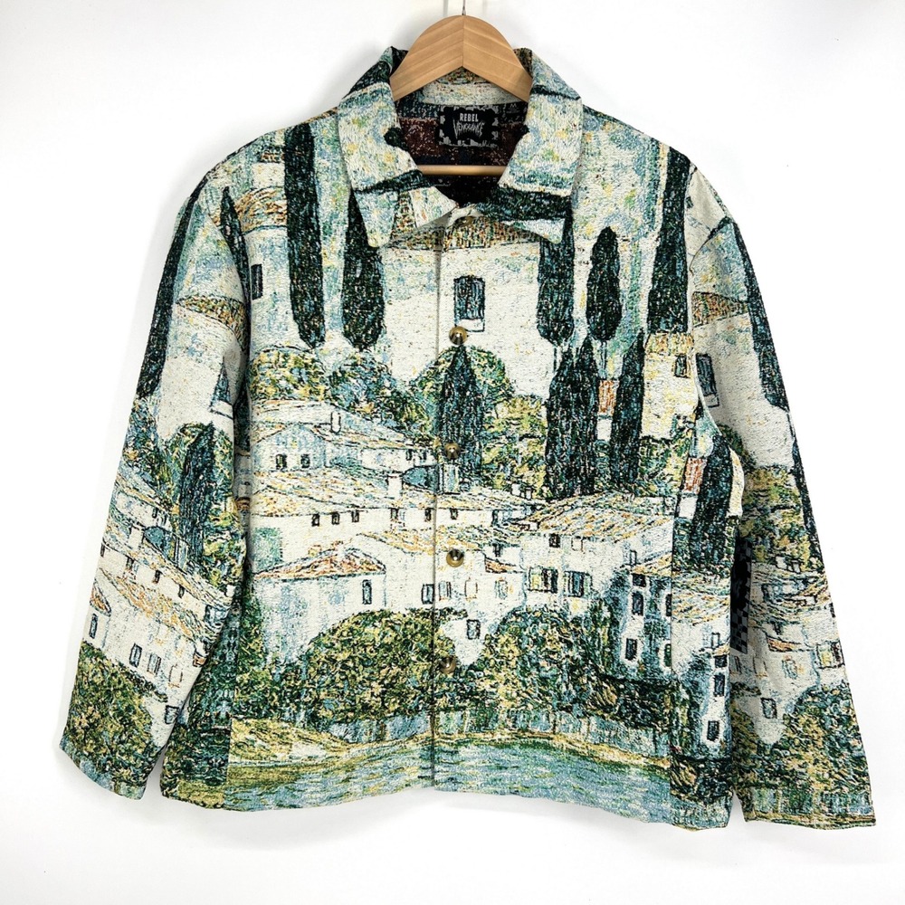 Rebel Vengeance Mens‎ Tapestry Landscape Jacket Village Scene Medium NWT